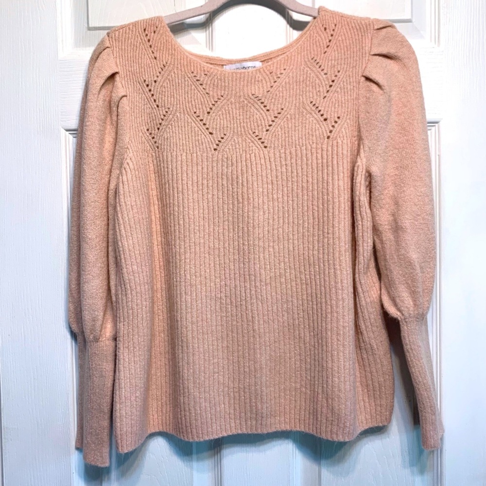 Liz Claiborne Sweater Large Pink Pointelle Knit Puff Sleeve Coquette Balletcore